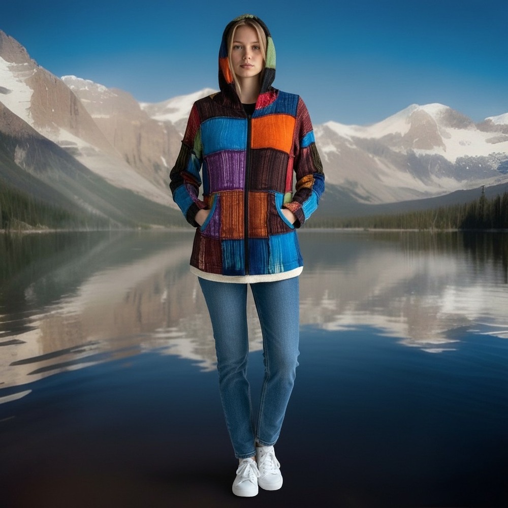 India Boutique Patchwork Hoodie Women L Multicolor Cotton Zip Up Boho Hippie Art